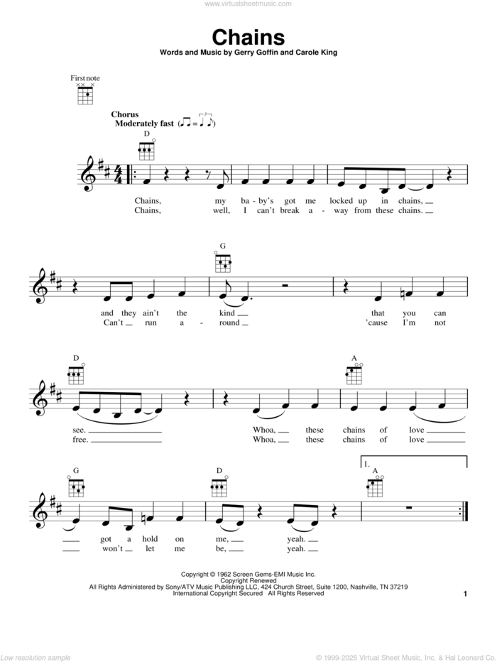 Chains sheet music for ukulele by Carole King, The Beatles, The Cookies and Gerry Goffin, intermediate skill level