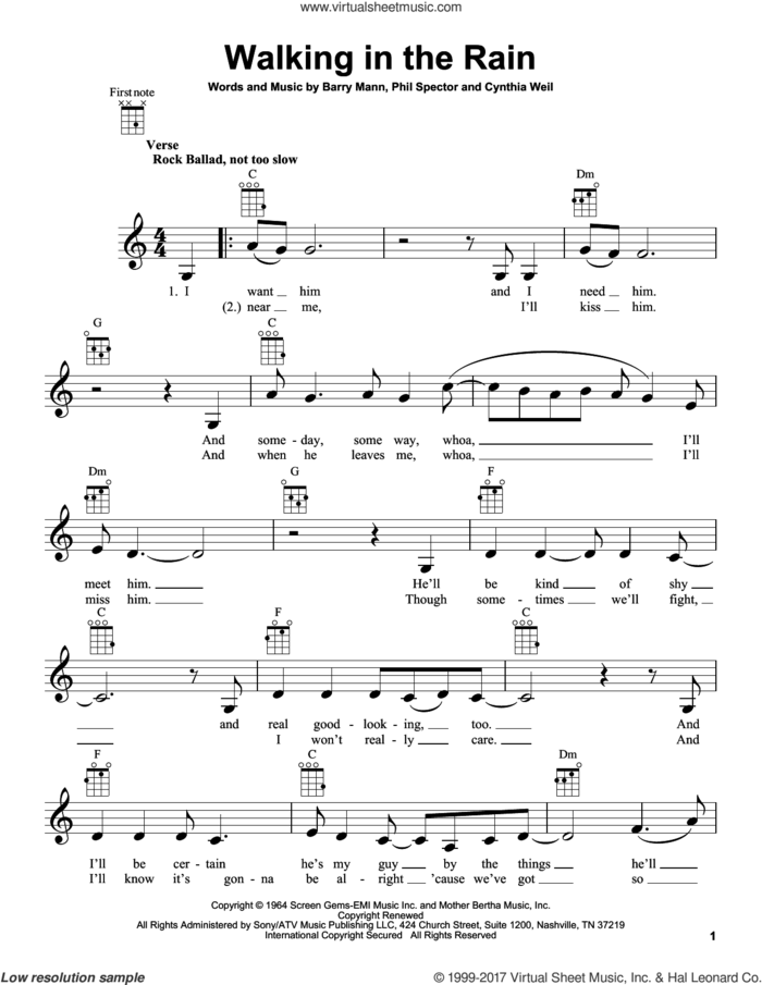 Walking In The Rain sheet music for ukulele by Carole King, Barry Mann and Cynthia Weil, intermediate skill level
