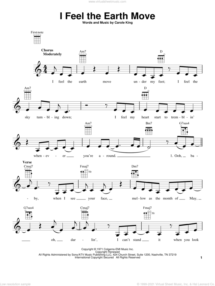 I Feel The Earth Move sheet music for ukulele by Carole King, intermediate skill level