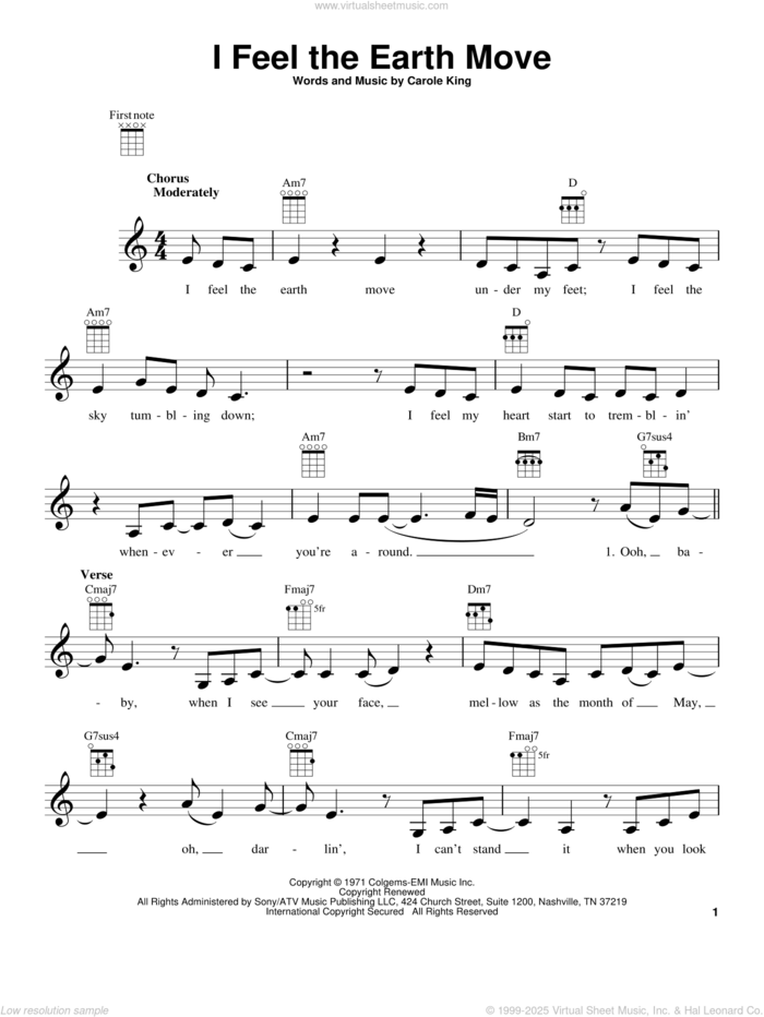 I Feel The Earth Move sheet music for ukulele by Carole King, intermediate skill level