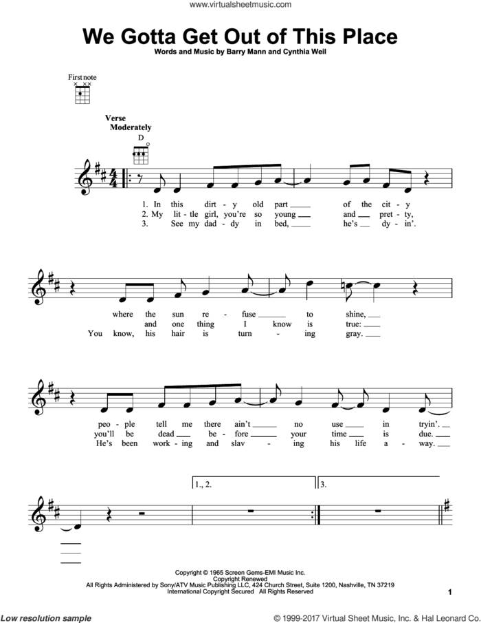 We Gotta Get Out Of This Place sheet music for ukulele by Carole King, Barry Mann and Cynthia Weil, intermediate skill level