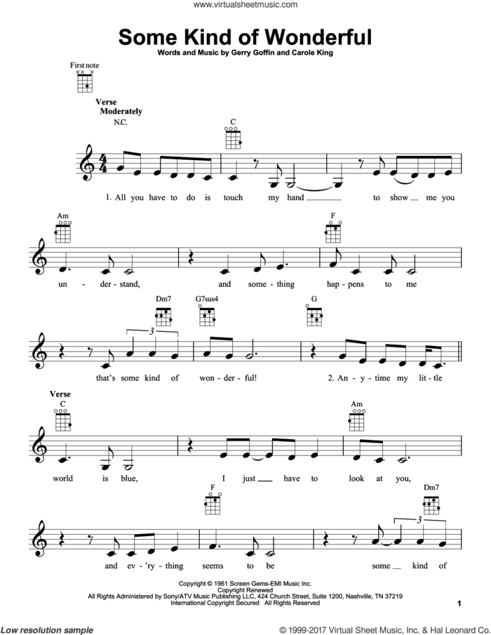 Some Kind Of Wonderful sheet music for ukulele by Carole King, intermediate skill level