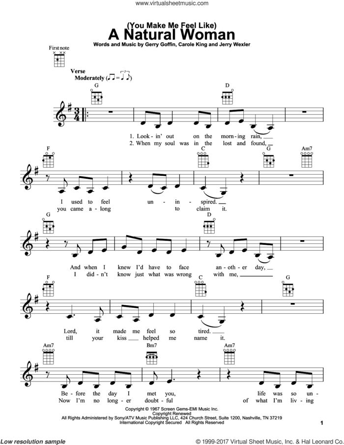 (You Make Me Feel Like) A Natural Woman sheet music for ukulele by Carole King, Gerry Goffin and Jerry Wexler, intermediate skill level