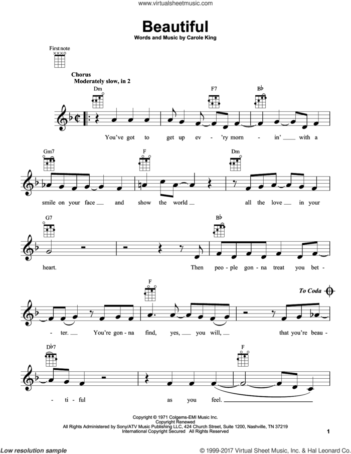 Beautiful sheet music for ukulele by Carole King, intermediate skill level