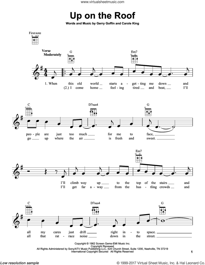 Up On The Roof sheet music for ukulele by Carole King, intermediate skill level