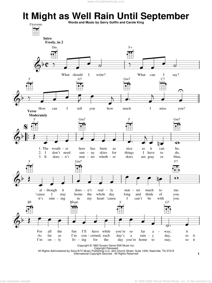 It Might As Well Rain Until September sheet music for ukulele by Carole King and Gerry Goffin, intermediate skill level