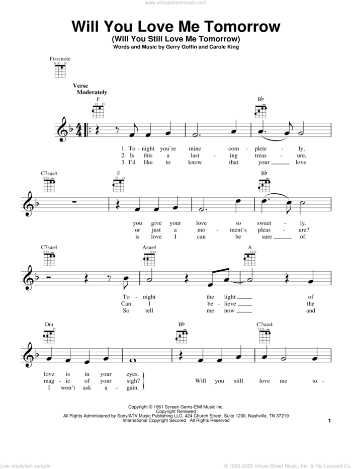 Will You Love Me Tomorrow (Will You Still Love Me Tomorrow) sheet music for ukulele by Carole King and Gerry Goffin, intermediate skill level