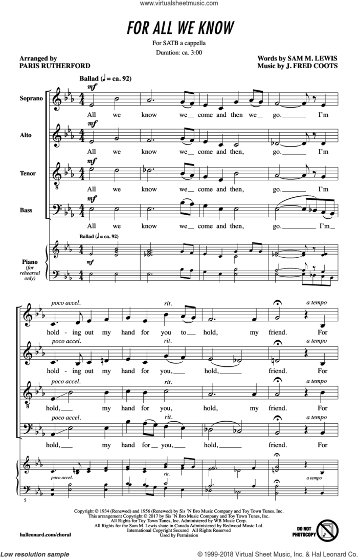 For All We Know sheet music for choir (SATB: soprano, alto, tenor, bass) by J. Fred Coots, Paris Rutherford and Sam Lewis, intermediate skill level