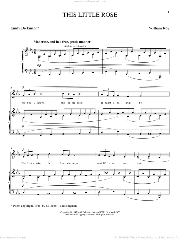 This Little Rose sheet music for voice and piano (Soprano) by Emily Dickinson, Joan Frey Boytim and William Roy, classical score, intermediate skill level