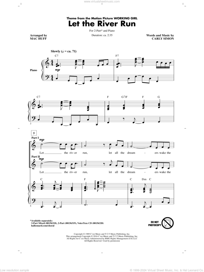 Let The River Run (arr. Mac Huff) sheet music for choir (2-Part) by Carly Simon and Mac Huff, intermediate duet