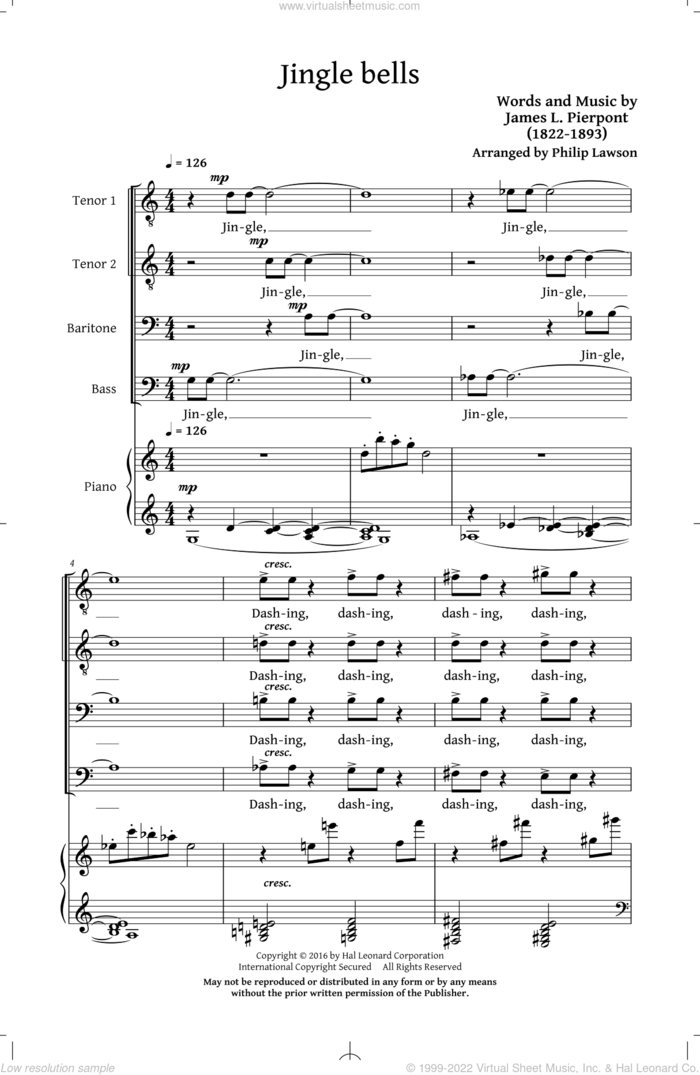 Jingle Bells sheet music for choir (TTBB: tenor, bass) by James Pierpont and Philip Lawson, intermediate skill level