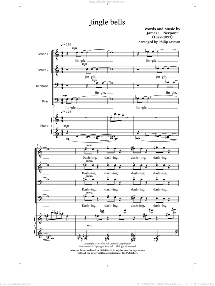 Jingle Bells sheet music for choir (TTBB: tenor, bass) by James Pierpont and Philip Lawson, intermediate skill level