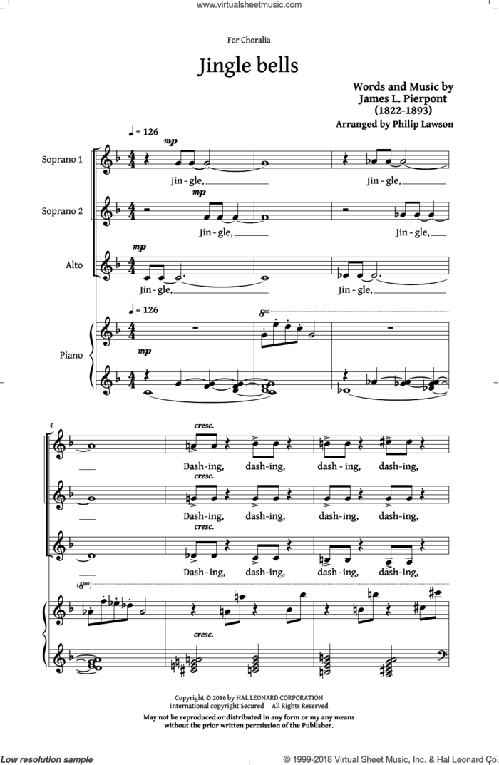 Jingle Bells sheet music for choir (SSA: soprano, alto) by James Pierpont and Philip Lawson, intermediate skill level