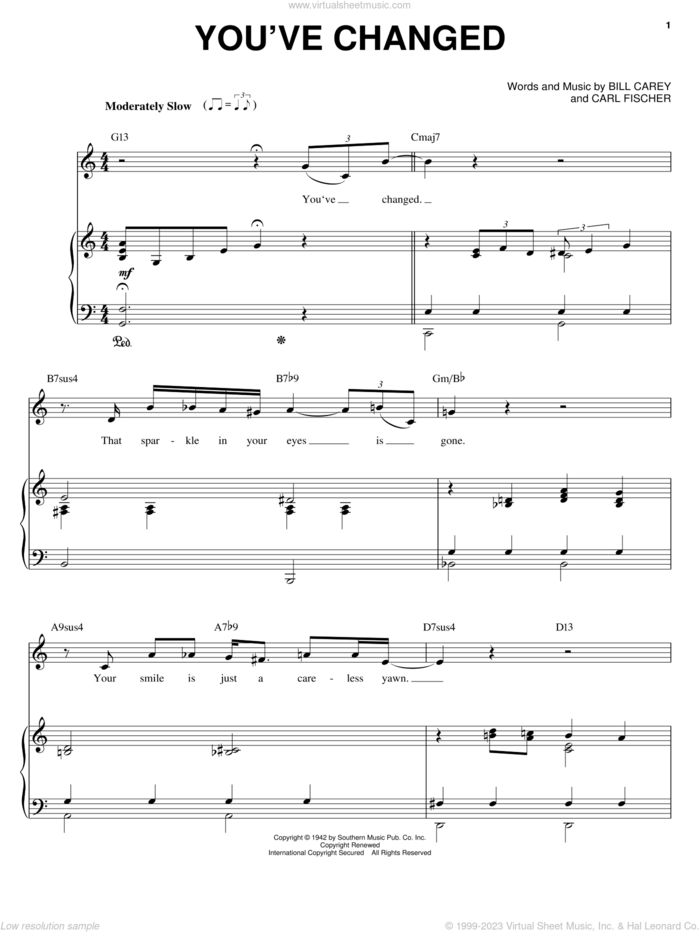 You've Changed sheet music for voice and piano by Connie Russell, Billie Holiday, Bill Carey and Carl Fischer, intermediate skill level