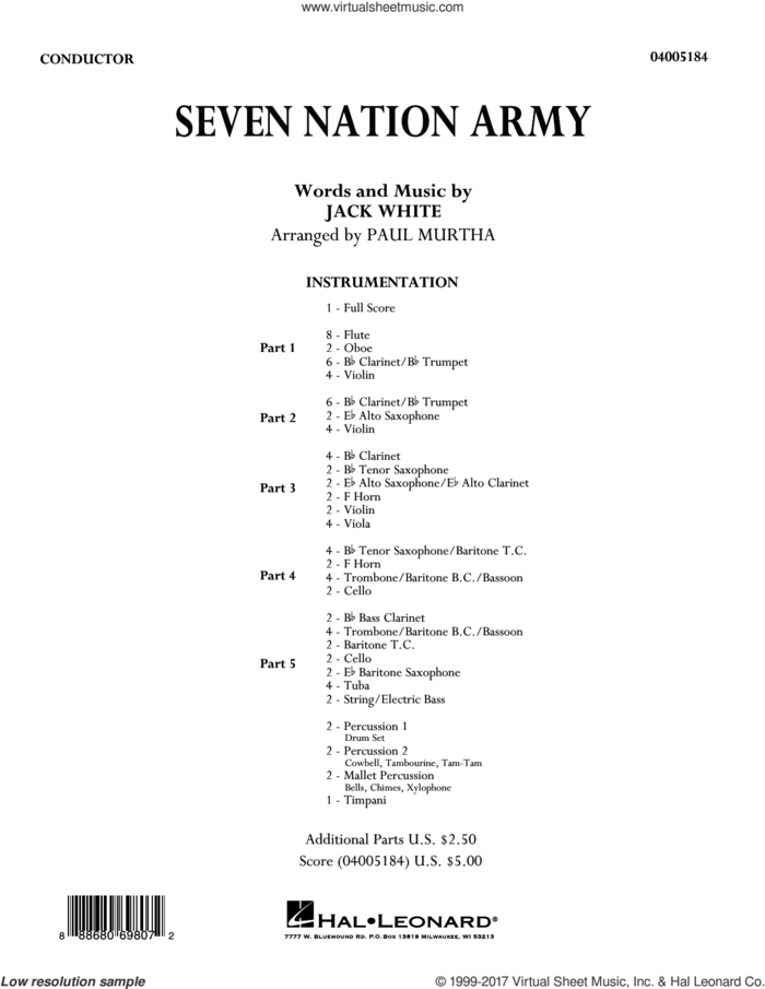 Seven Nation Army (COMPLETE) sheet music for concert band by Paul Murtha, Jack White and White Stripes, intermediate skill level