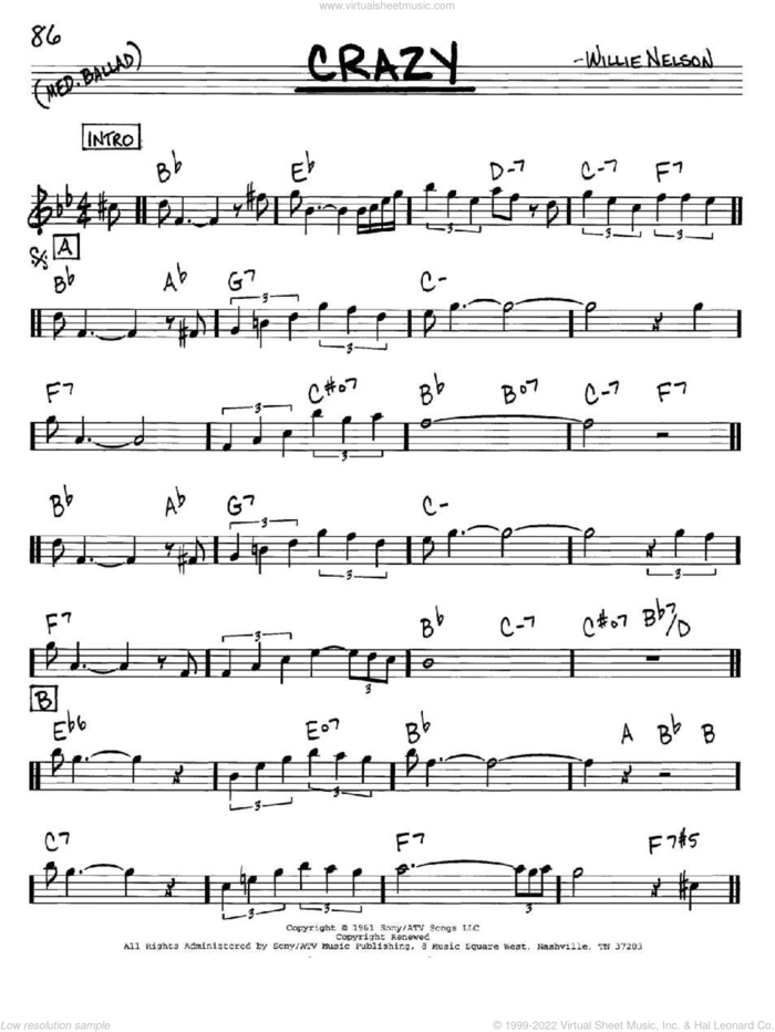 Crazy sheet music for voice and other instruments (in C) by Willie Nelson and Patsy Cline, intermediate skill level