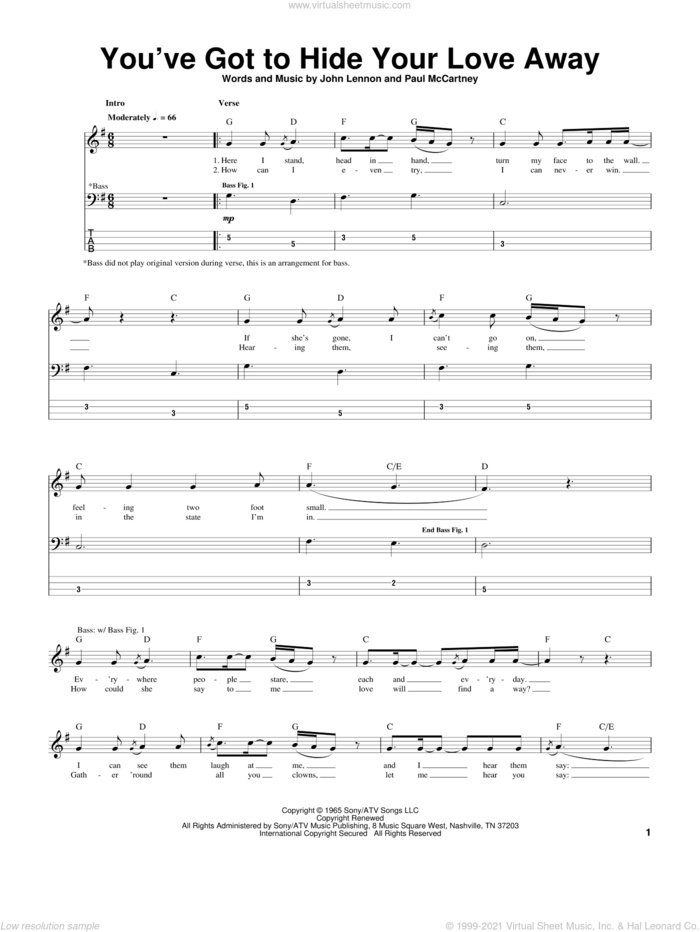 You've Got To Hide Your Love Away sheet music for bass (tablature) (bass guitar) by The Beatles, John Lennon and Paul McCartney, intermediate skill level