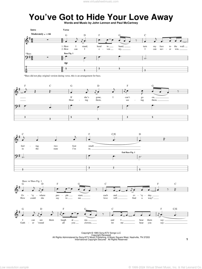 You've Got To Hide Your Love Away sheet music for bass (tablature) (bass guitar) by The Beatles, John Lennon and Paul McCartney, intermediate skill level