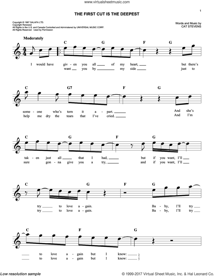 The First Cut Is The Deepest sheet music for voice and other instruments (fake book) by Cat Stevens, easy skill level