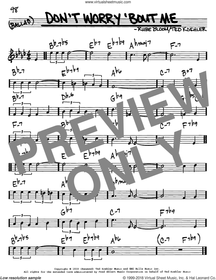 Don't Worry 'Bout Me sheet music for voice and other instruments (in C) by Frank Sinatra, Rube Bloom and Ted Koehler, intermediate skill level