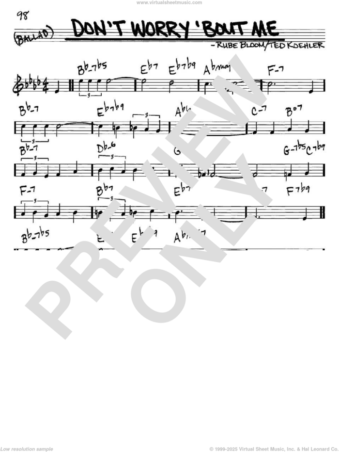 Don't Worry 'Bout Me sheet music for voice and other instruments (in C) by Frank Sinatra, Rube Bloom and Ted Koehler, intermediate skill level