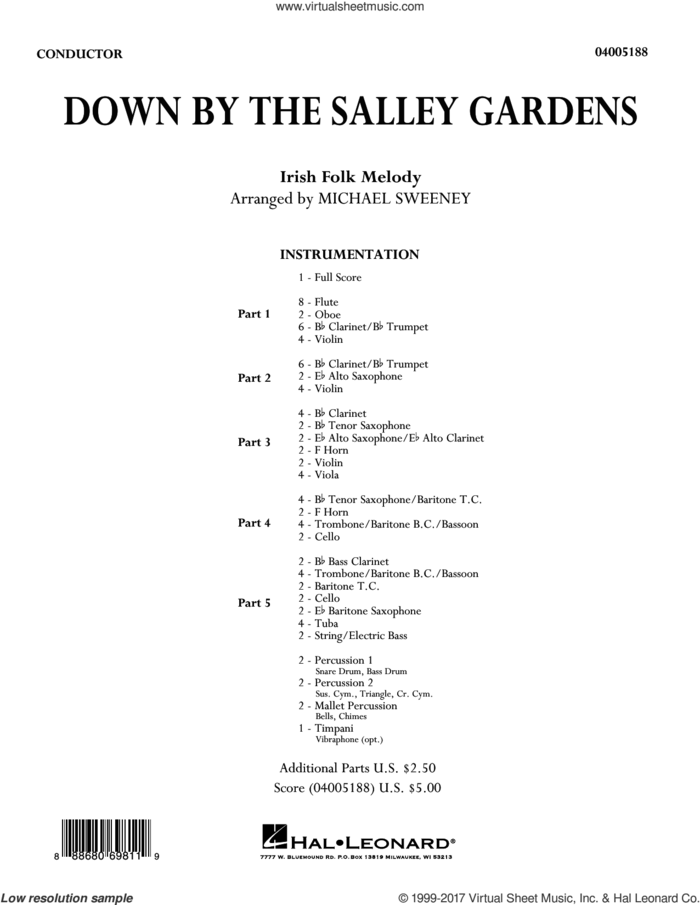 Down by the Salley Gardens (COMPLETE) sheet music for concert band by Michael Sweeney and Traditional Irish Folk Melody, intermediate skill level