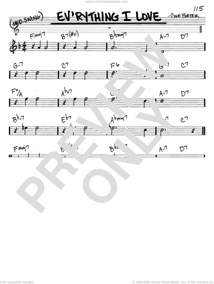 Ev'rything I Love sheet music for voice and other instruments (in C) by Peggy Lee and Cole Porter, intermediate skill level