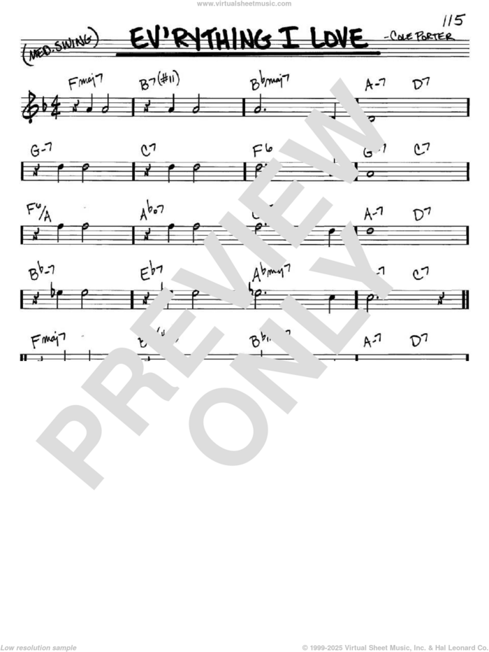 Ev'rything I Love sheet music for voice and other instruments (in C) by Peggy Lee and Cole Porter, intermediate skill level