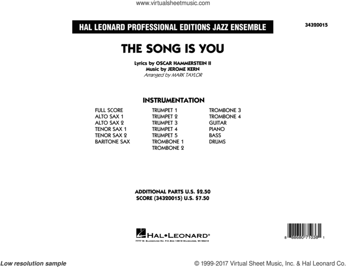 The Song Is You (COMPLETE) sheet music for jazz band by Oscar II Hammerstein, Jerome Kern and Mark Taylor, intermediate skill level