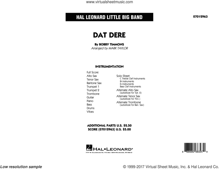Dat Dere (COMPLETE) sheet music for jazz band by Mark Taylor, Bobby Timmons, Cannonball Adderley and Oscar Brown, Jr., intermediate skill level