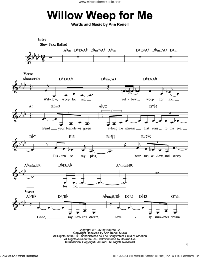 Willow Weep For Me sheet music for voice solo by Chad & Jeremy and Ann Ronell, intermediate skill level