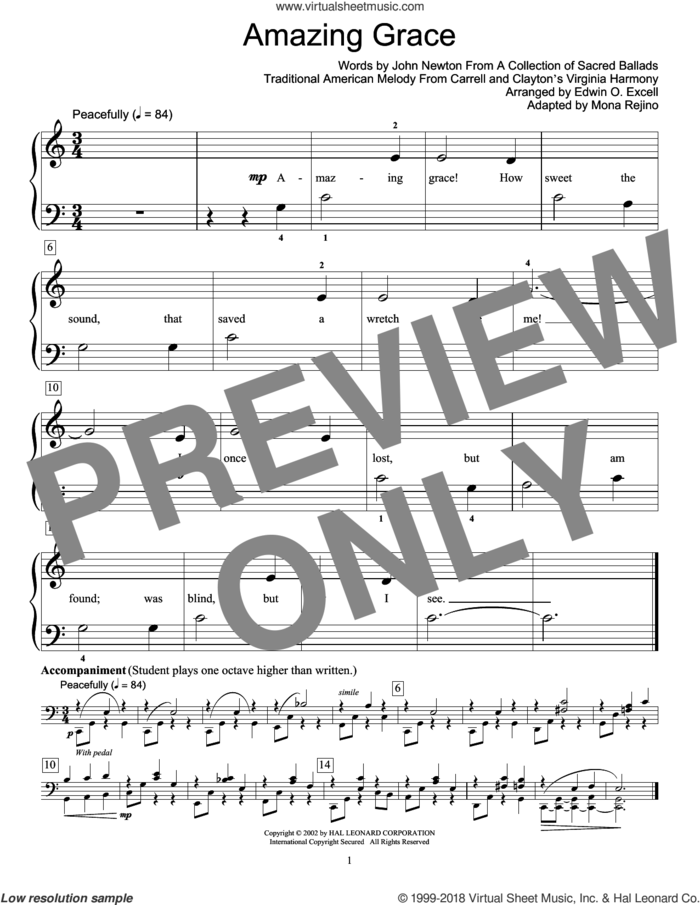 Amazing Grace (arr. Mona Rejino) sheet music for piano solo (elementary) by John Newton, Fred Kern, Mona Rejino, Phillip Keveren, Edwin O. Excell and Miscellaneous, wedding score, beginner piano (elementary)