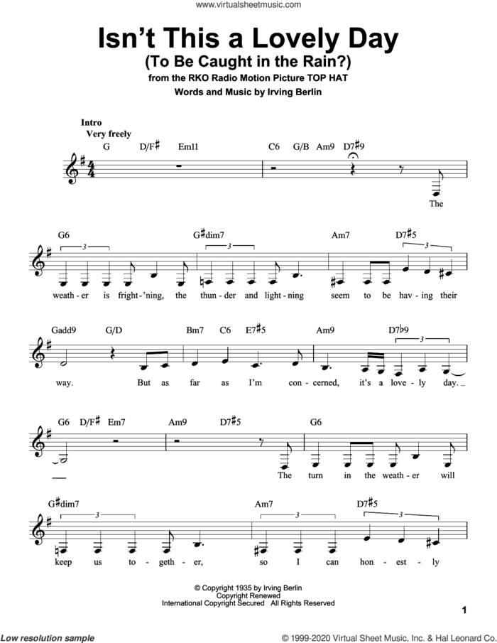 Isn't This A Lovely Day (To Be Caught In The Rain?) sheet music for voice solo by Irving Berlin, intermediate skill level