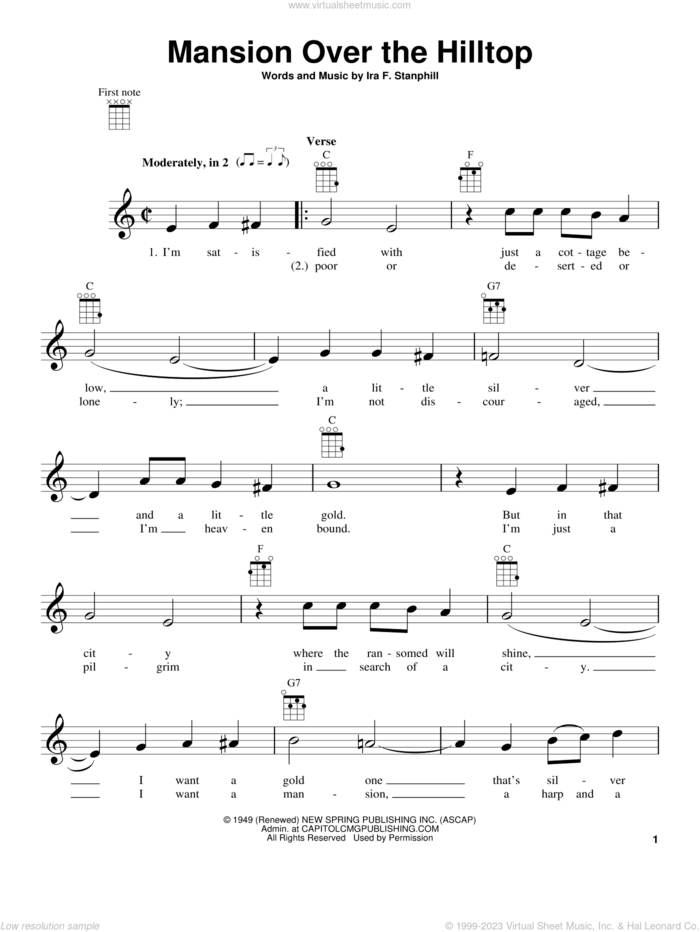 Mansion Over The Hilltop sheet music for ukulele by Ira F. Stanphill, intermediate skill level