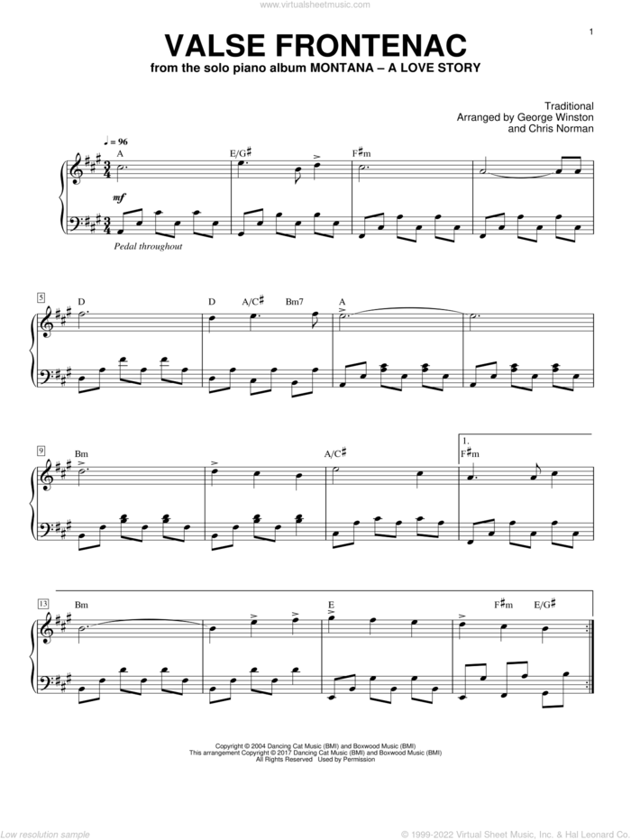 Valse De Frontenac, (intermediate) sheet music for piano solo by George Winston and Chris Norman, intermediate skill level