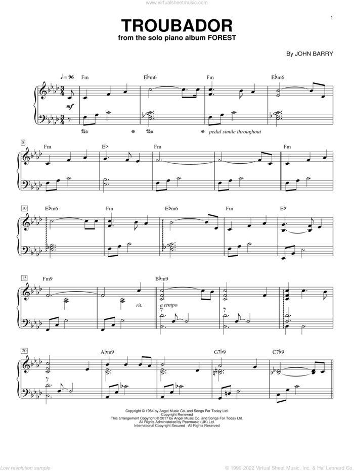 Troubadour sheet music for piano solo by George Winston and John Barry, intermediate skill level