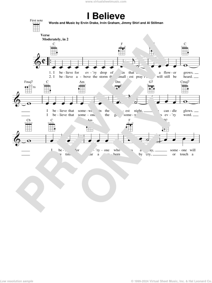 I Believe sheet music for ukulele by Ervin Drake, Al Stillman, Irvin Graham and Jimmy Shirl, intermediate skill level