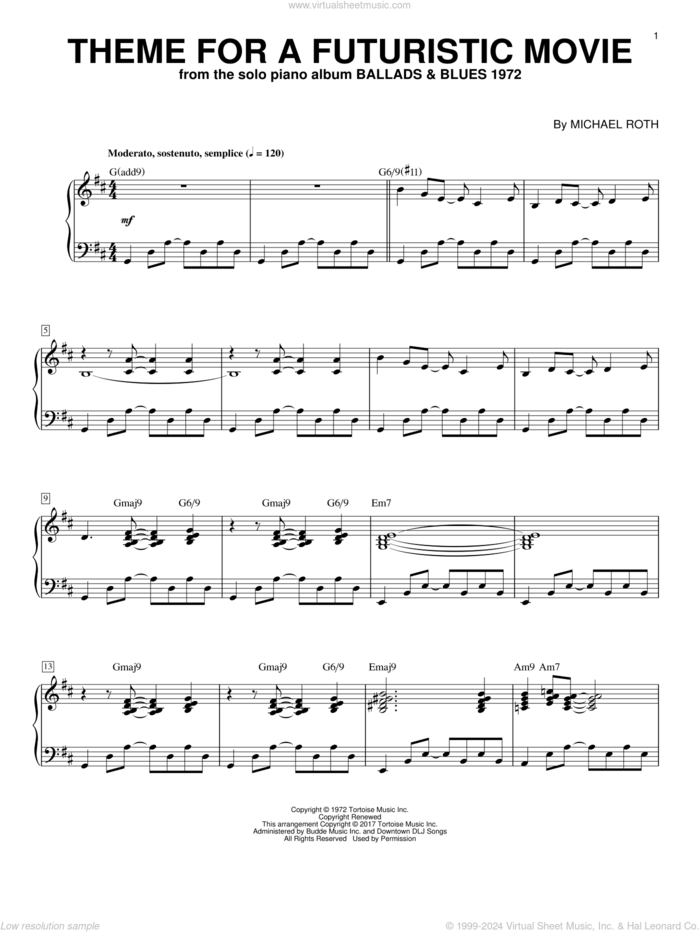 Theme For A Futuristic Movie sheet music for piano solo by George Winston and Michael Roth, intermediate skill level