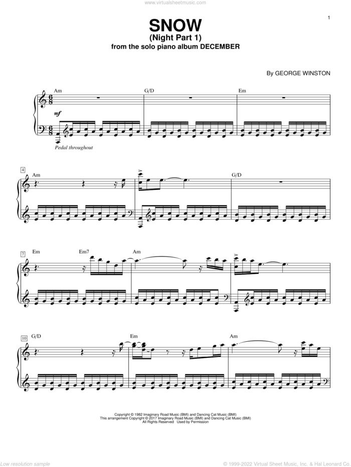 Snow (Night Part 1) sheet music for piano solo by George Winston, intermediate skill level