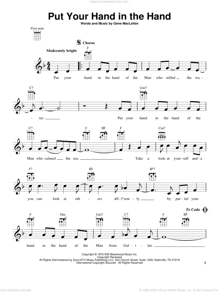 Put Your Hand In The Hand sheet music for ukulele by Gene MacLellan and MacLellan and Ocean, intermediate skill level