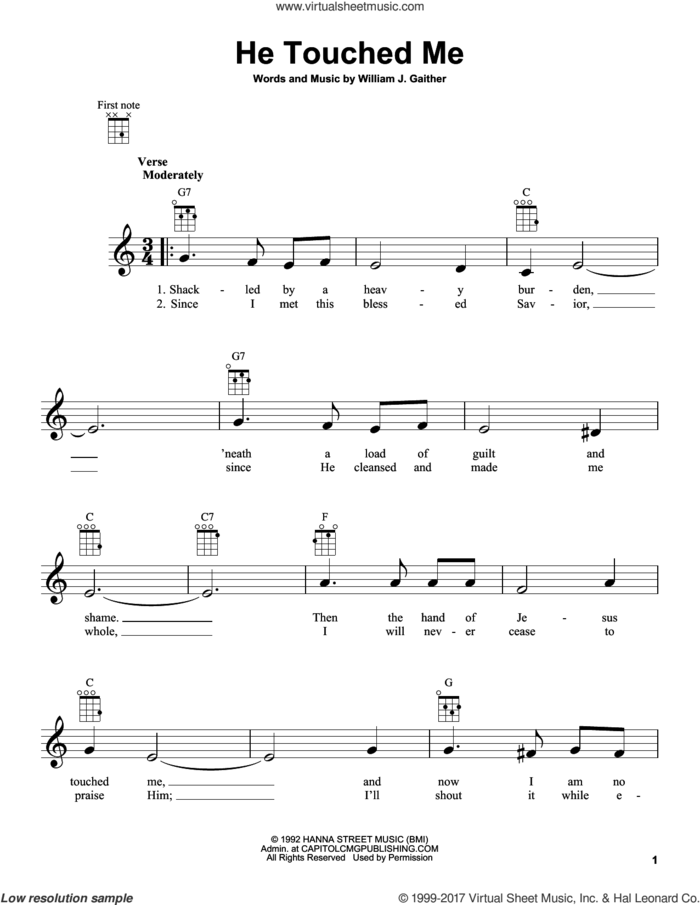 He Touched Me sheet music for ukulele by William J. Gaither and Gaither Vocal Band, intermediate skill level