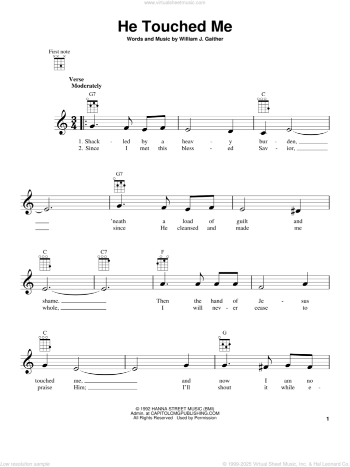 He Touched Me sheet music for ukulele by William J. Gaither and Gaither Vocal Band, intermediate skill level