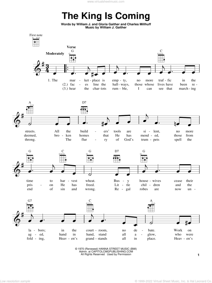 The King Is Coming sheet music for ukulele by Charles Millhuff, Gloria Gaither and William J. Gaither, intermediate skill level