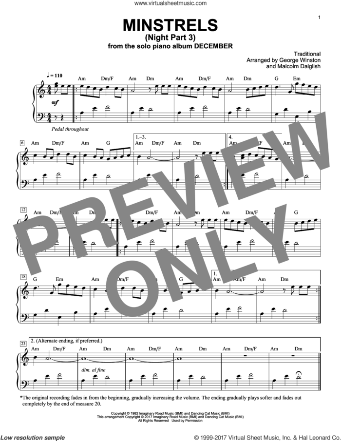 Minstrels (Night Part 3) sheet music for piano solo by George Winston and Malcolm Dalglish, intermediate skill level