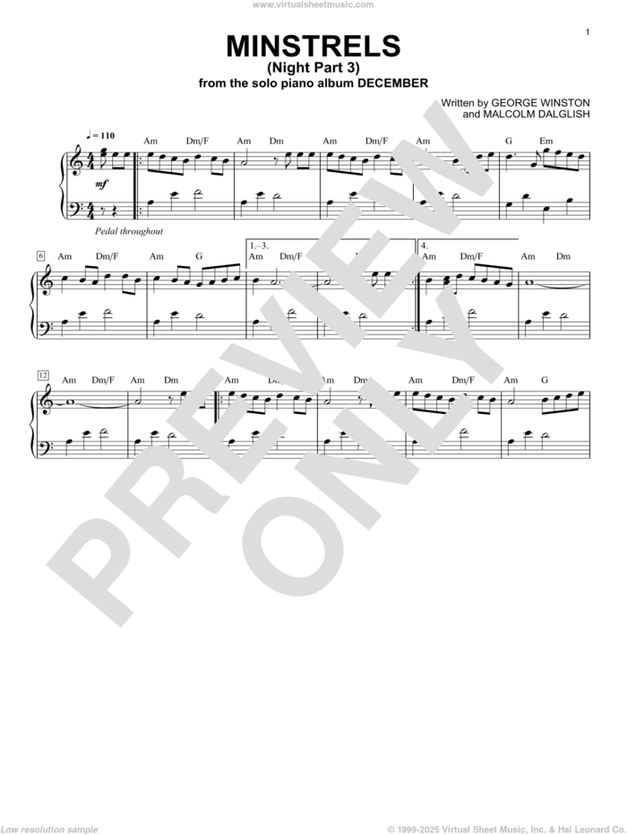 Minstrels (Night Part 3) sheet music for piano solo by George Winston and Malcolm Dalglish, intermediate skill level