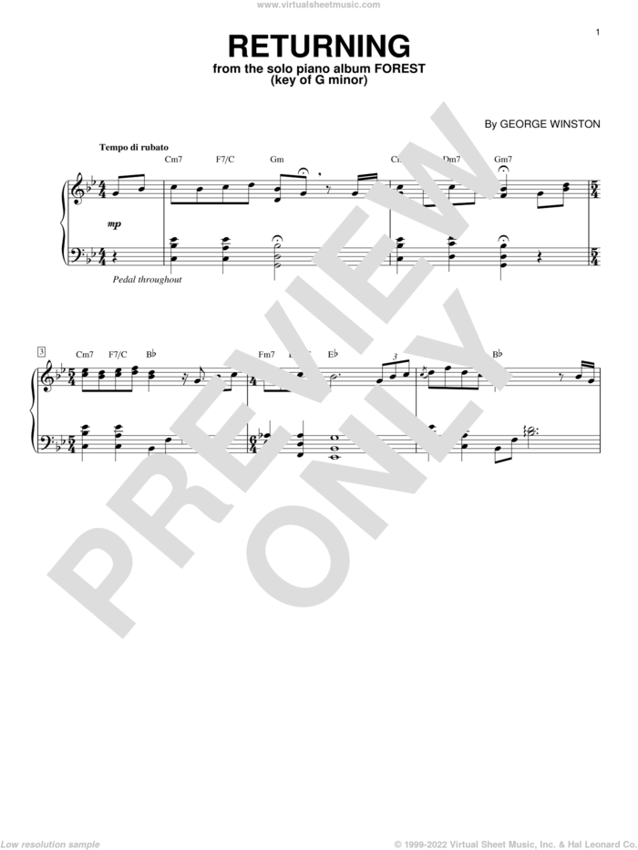 Returning (in G Minor) sheet music for piano solo by George Winston, intermediate skill level