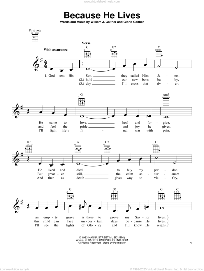 Because He Lives sheet music for ukulele by Gloria Gaither and William J. Gaither, intermediate skill level