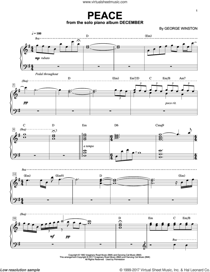 Peace, (intermediate) sheet music for piano solo by George Winston, intermediate skill level