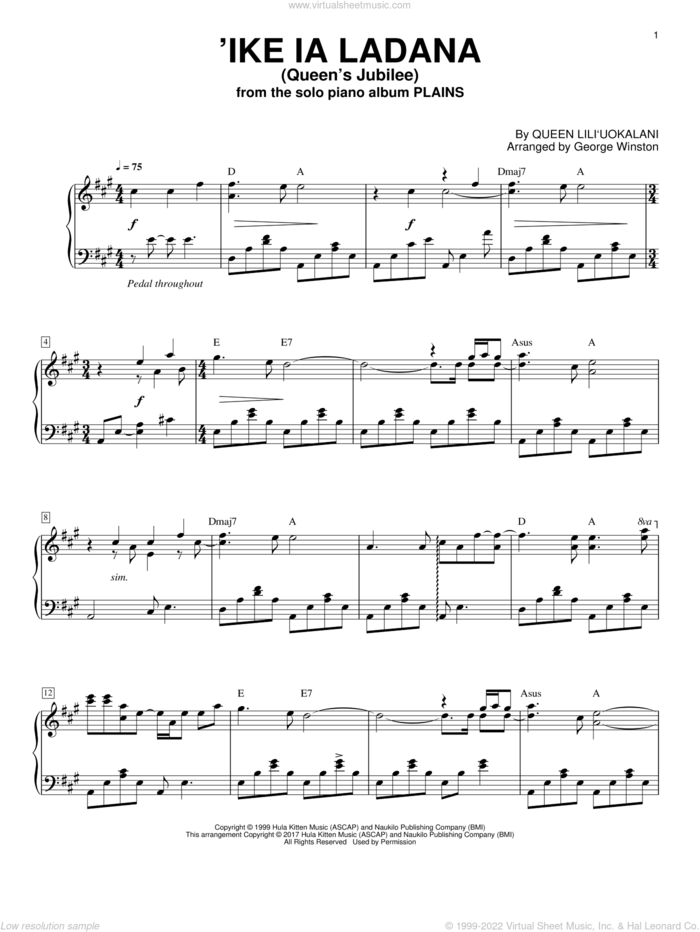 Ike La Ladana (Queen's Jubilee) sheet music for piano solo by George Winston, Dennis Kamakahi (arr.) and Queen Liliuokalani, intermediate skill level