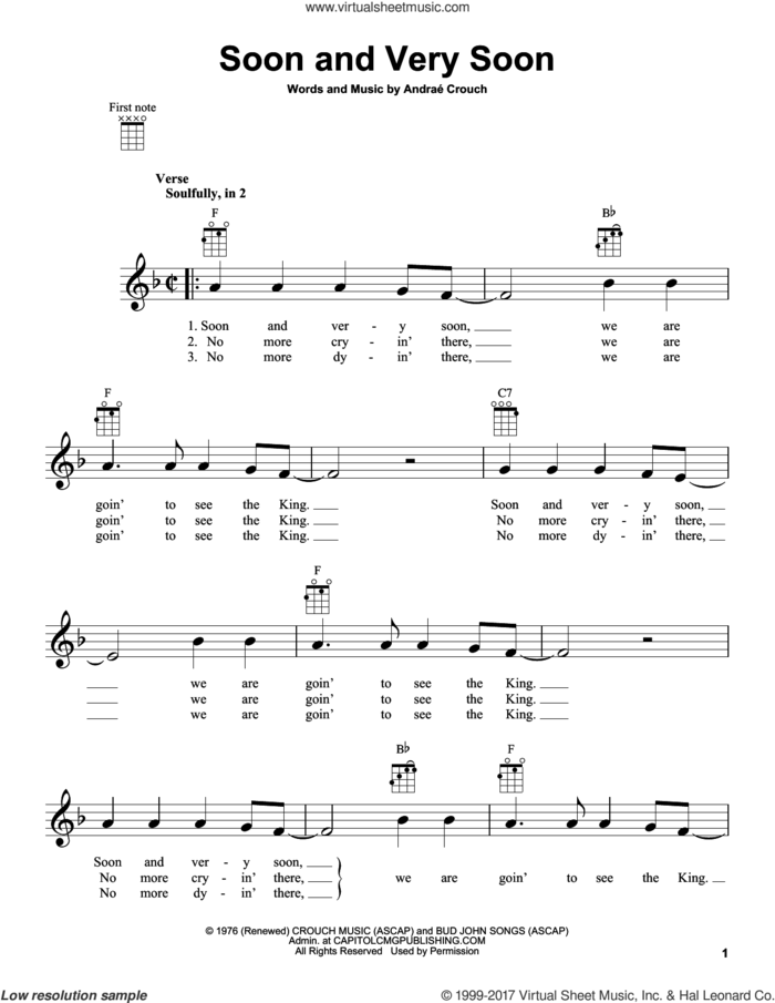 Soon And Very Soon sheet music for ukulele by Andrae Crouch and Andrae Crouch, intermediate skill level